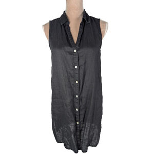 Tahari Sleeveless 100% Linen Black Button Up Collared Tunic Size S Classic